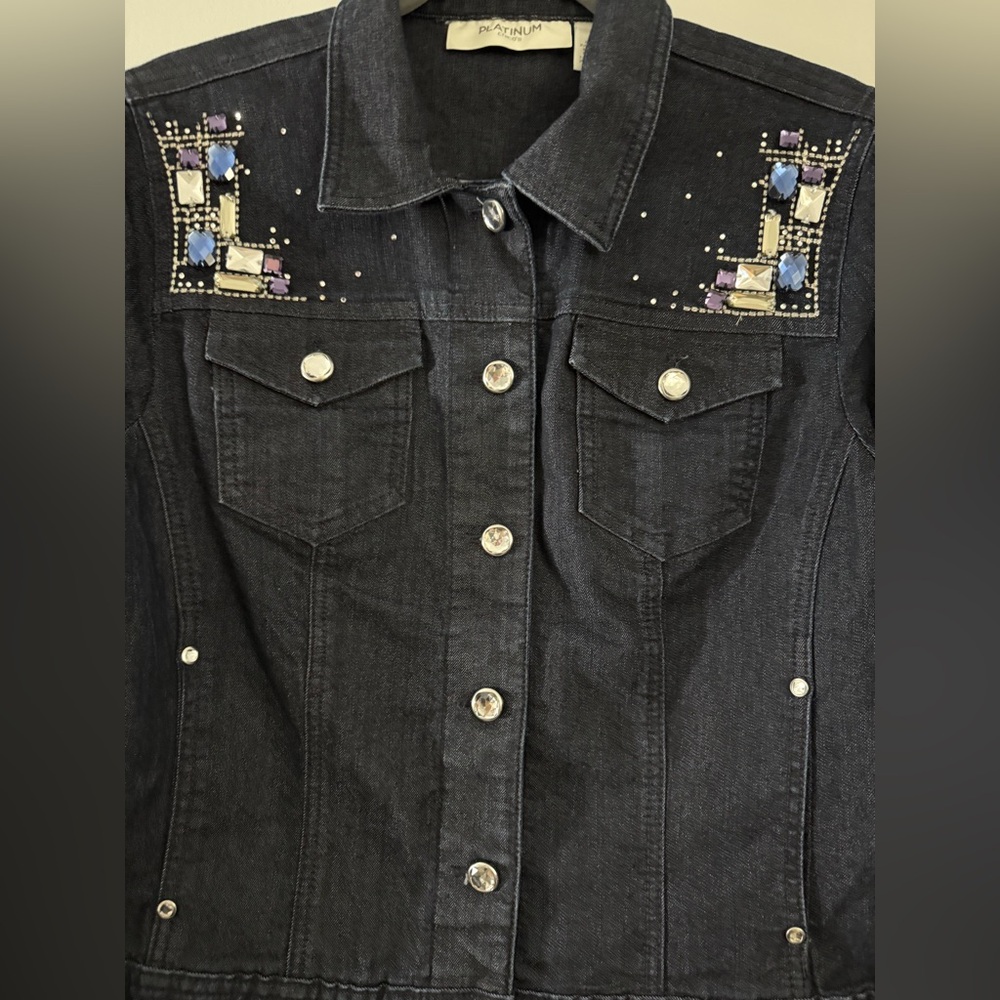 Chico's Dark Denim Jacket with Embellished Shoulders